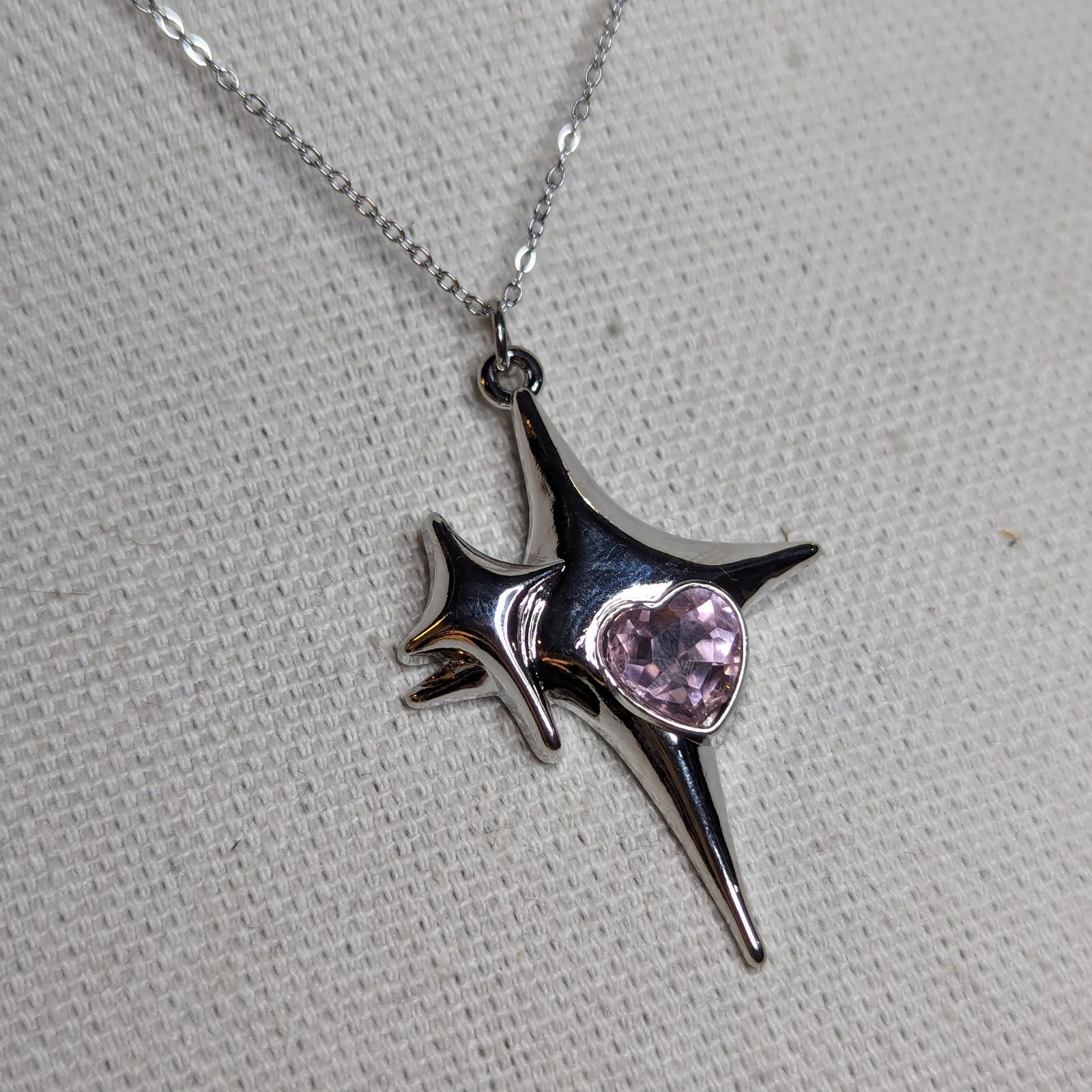 Shining Star Silver Charm With Pink Heart Crystal Stainless Steel Chain Necklace